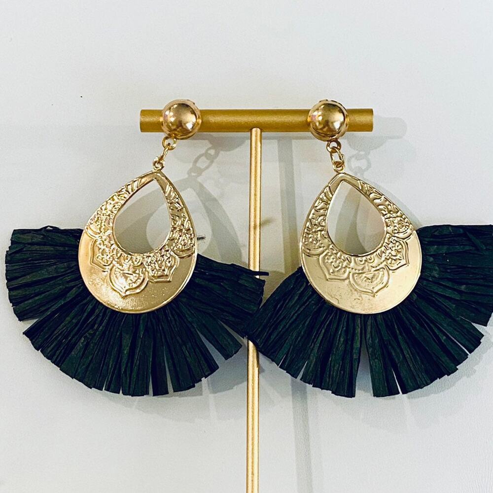 Black Raffia Teardrop Drop Earrings